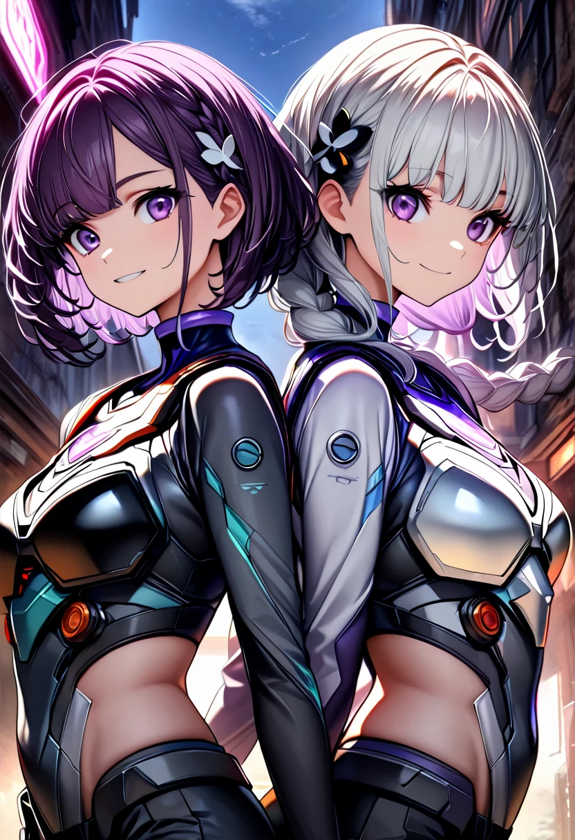 (highest quality:1.2, Very detailed, animeスタイル:1.4, anime, High Contrast, masterpiece:1.2, highest quality, Best aesthetics), Two Girls, Two girls back to back, Random Pause, (Girl on the right, short hair, White top, Black breastplate,smile), (The Girl on the Left, Cyber Suit, The sleeves are separated, Exposing shoulders, Black Top, Silver Breastplate, Chest energy disk, Black mini skirt, Belt connecting left and right sleeves, 黒に紫色のアクセントが入ったCyber Suit, ((White and purple gradient hair:1.4, Braided long hair, black and white hair accessories:1.2, Dark purple bangs:1.1, Asymmetrical bangs)), Purple eyes, double eyelid, Detailed face, Loose braid, Indifference, kind), Dark Color Palette, Dark Alley, night, Near future city, Lens flare, Perfect Anatomy.