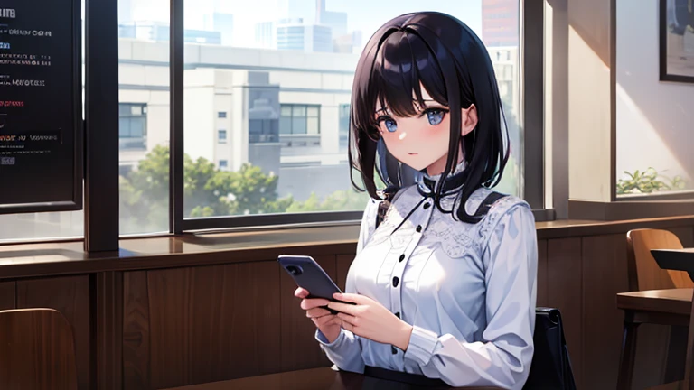 (Woman looking at smartphone)、One woman、Inside a stylish cafe、Anxious look、Woman holding a smartphone