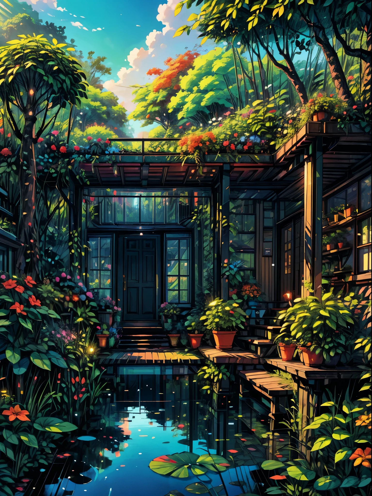wide view, plant nursery of wide plants, evening time, tropical forest, autumn, reflection, flowery bushes, spring, greenery, multi-storey, stairs, Norway, beautiful weather, windy, illustration, vibrant tones, shining clouds, thick lines, cozy tones, beautiful sky, Ghibli style, outdoors, cozy atmosphere, micro landscape, intrinsic details