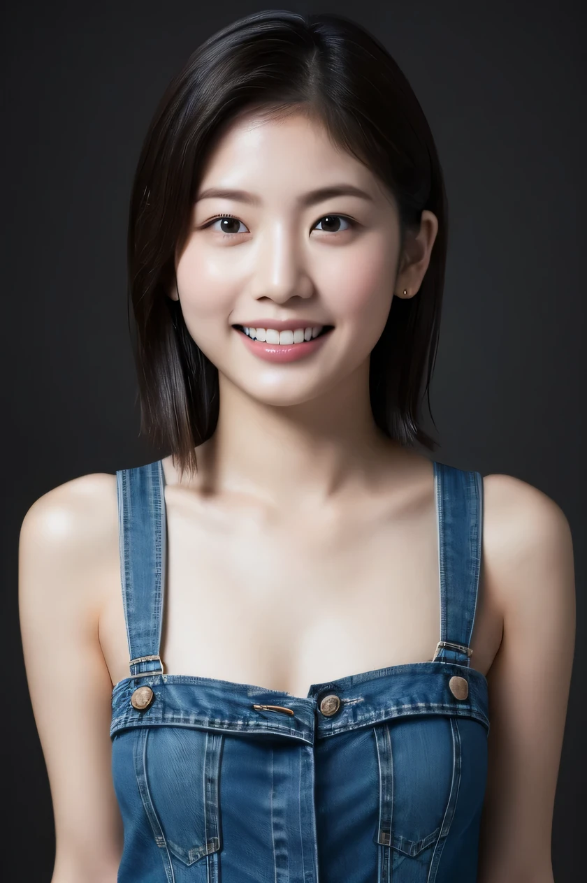 The beauty of 8K raw photos:2.0, Japanese woman, short hair, beautiful face and dark eyes, looking up, looking at the viewer:1.5, big smile, wet hair, tiny top, put hands on the hip, (denim shorts:1.2), shinny skin, realistic:1.9, very detailed, cowboy shot from bottom:1.2, High resolution RAW color photos, professional photos, mono color wallpaper, standing,