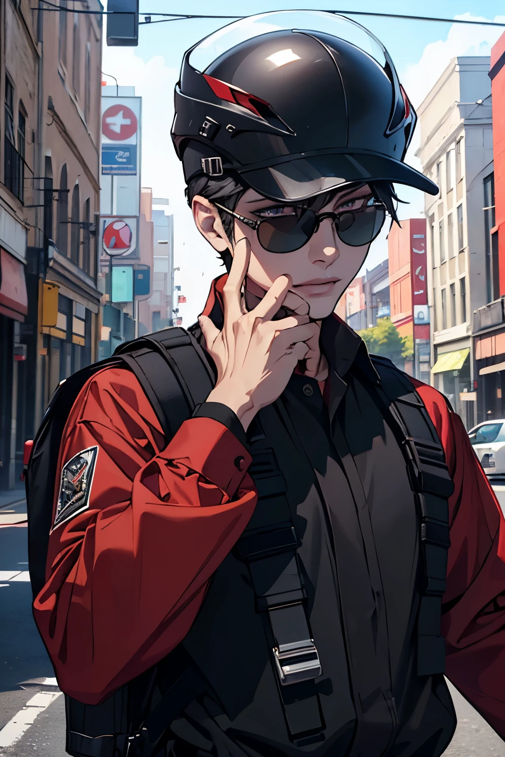 A cheerful 20-year-old delivery man, riding a motorbike, wearing sunglasses, a red long-sleeve shirt, black pants, and a black delivery backpack, (best quality,4k,8k,highres,masterpiece:1.2),ultra-detailed,(realistic,photorealistic,photo-realistic:1.37),delivery man,20 years old,cheerful,sunglasses,motorbike,black helmet,red long sleeve shirt,black pants,black delivery backpack,white skin,detailed face,detailed eyes,detailed lips,detailed hands,detailed clothing,detailed vehicle,cinematic lighting,vibrant colors,dynamic pose,street scene,urban environment