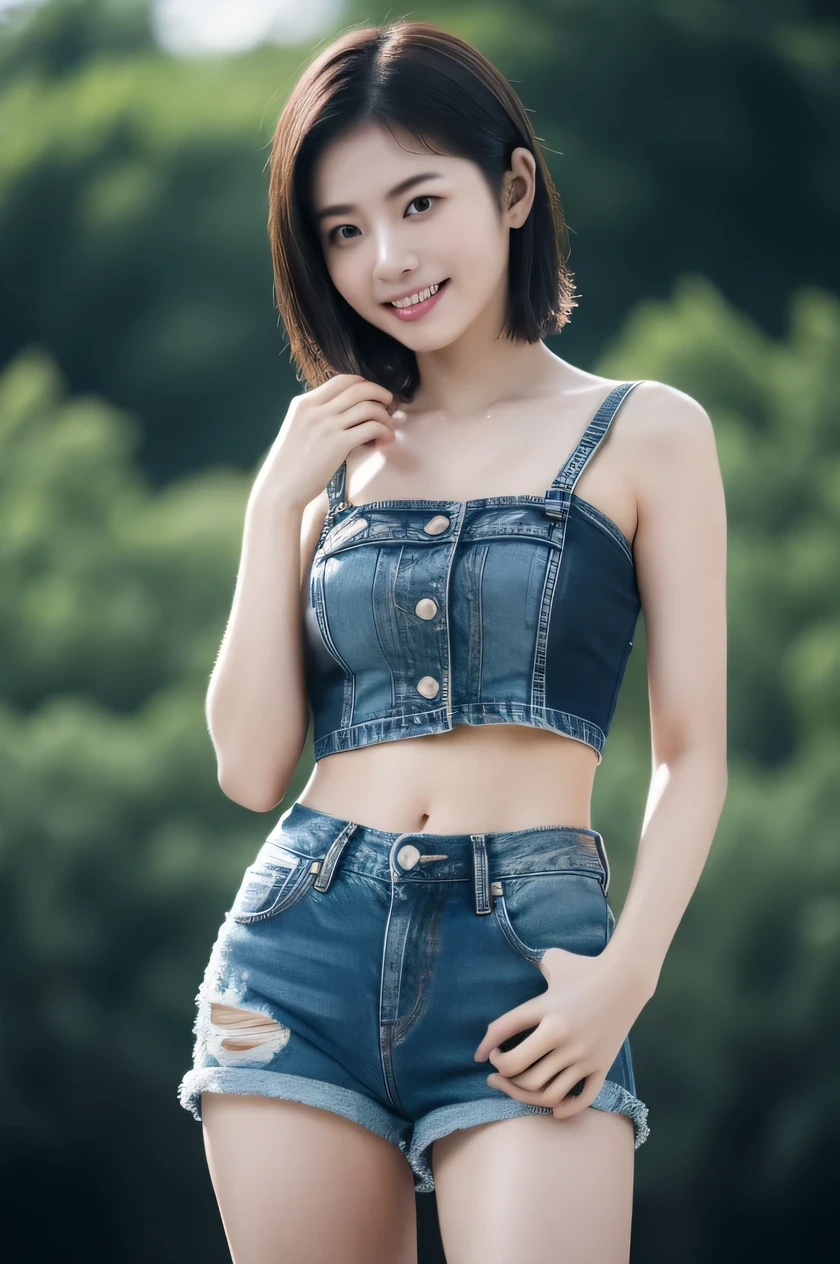 The beauty of 8K raw photos:2.0, Japanese woman, short hair, beautiful face and dark eyes, looking up, looking at the viewer:1.5, big smile, wet hair, tiny top, put hands on the hip, (denim shorts:1.2), shinny skin, realistic:1.9, very detailed, cowboy shot from bottom:1.2, High resolution RAW color photos, professional photos, mono color wallpaper, standing,