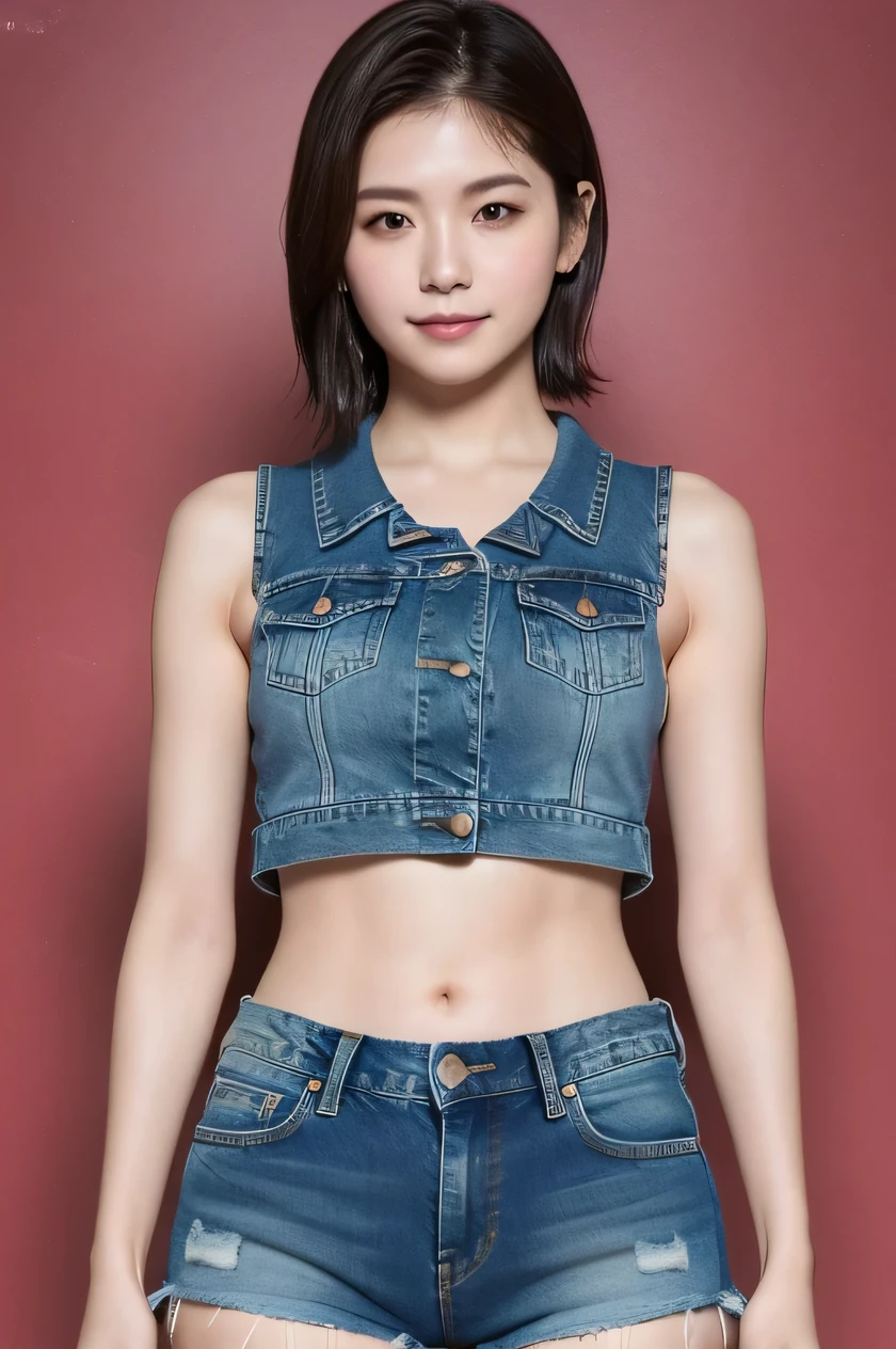 The beauty of 8K raw photos:2.0, Japanese woman, short hair, beautiful face and dark eyes, looking up, looking at the viewer:1.5, big smile, wet hair, tiny top, put hands on the hip, (denim shorts:1.2), shinny skin, realistic:1.9, very detailed, cowboy shot from bottom:1.2, High resolution RAW color photos, professional photos, mono color wallpaper, standing,