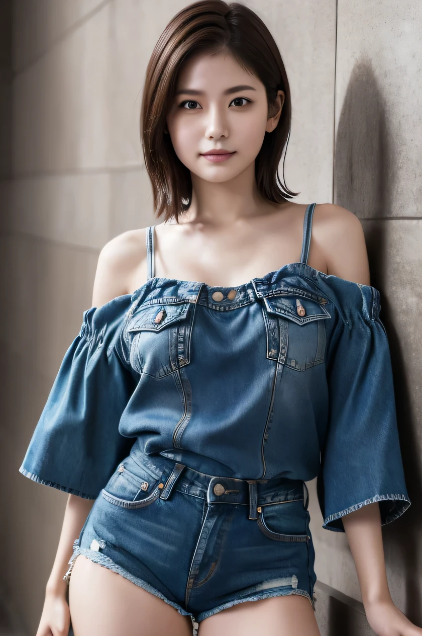 The beauty of 8K raw photos:2.0, Japanese woman, short hair, beautiful face and dark eyes, looking up, looking at the viewer:1.5, big smile, wet hair, tiny top, put hands on the hip, (denim shorts:1.2), shinny skin, realistic:1.9, very detailed, cowboy shot from bottom:1.2, High resolution RAW color photos, professional photos, mono color wallpaper, standing,