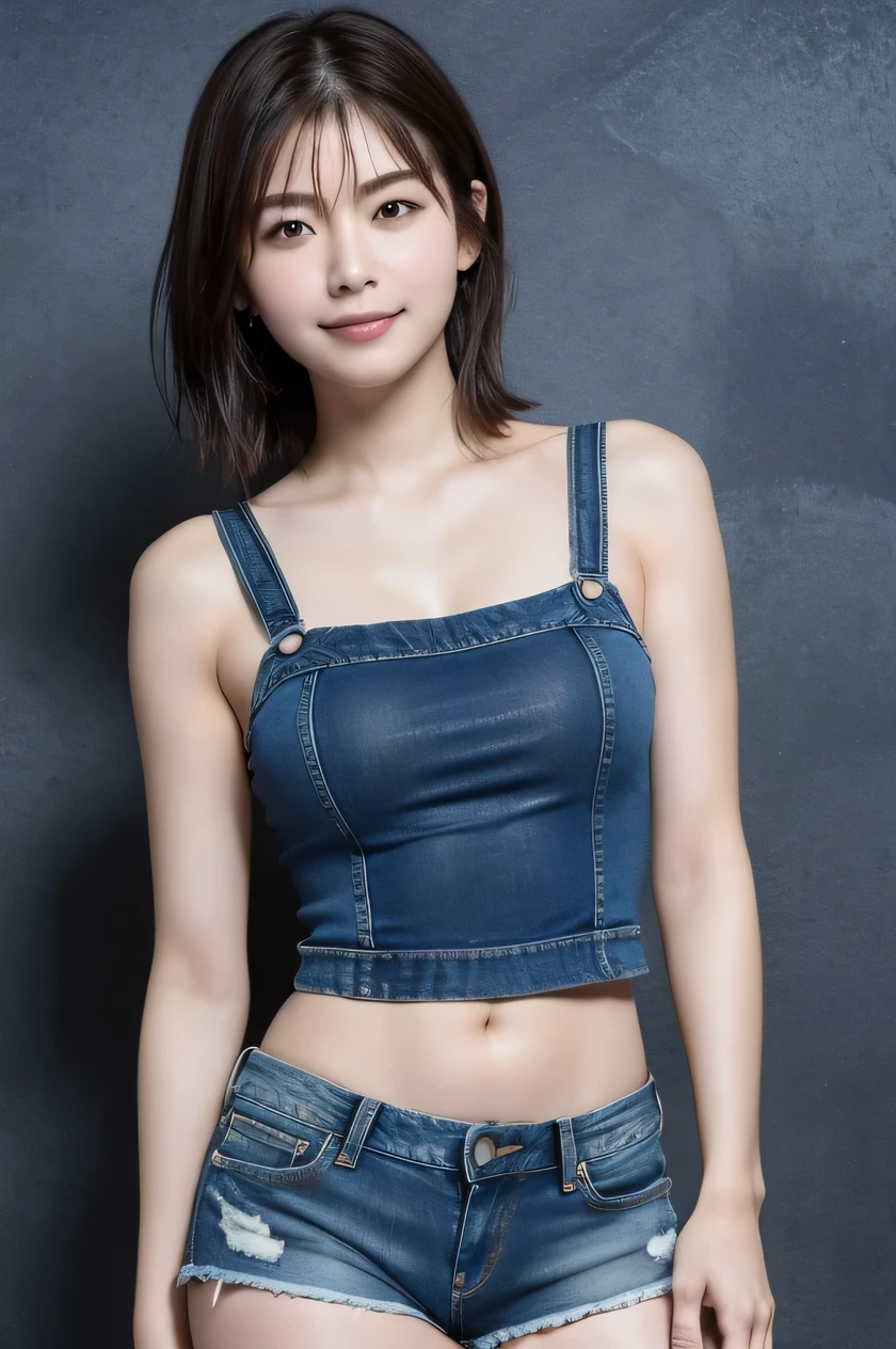 The beauty of 8K raw photos:2.0, Japanese woman, short hair, beautiful face and dark eyes, looking up, looking at the viewer:1.5, big smile, wet hair, tiny top, put hands on the hip, (denim shorts:1.2), shinny skin, realistic:1.9, very detailed, cowboy shot from bottom:1.2, High resolution RAW color photos, professional photos, mono color wallpaper, standing,