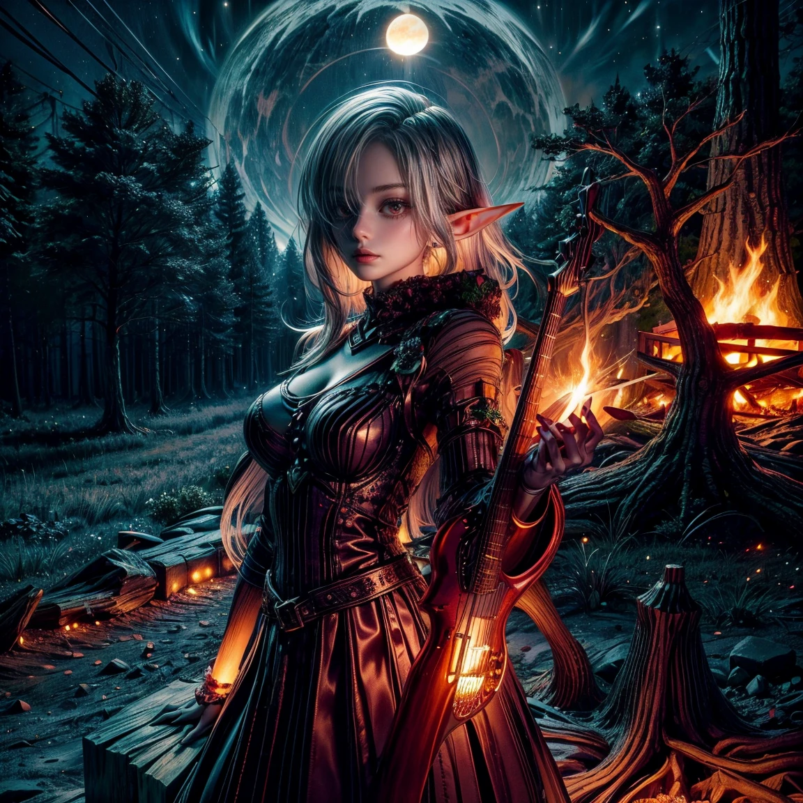 A beautiful 24-year-old elf girl with slanted eyes, playing an electric guitar. She has a cute face and is dressed in a stylish, cool dress. The scene is set in a dark forest at night, with a clear view of the night sky. A campfire burns nearby, casting a warm glow around.