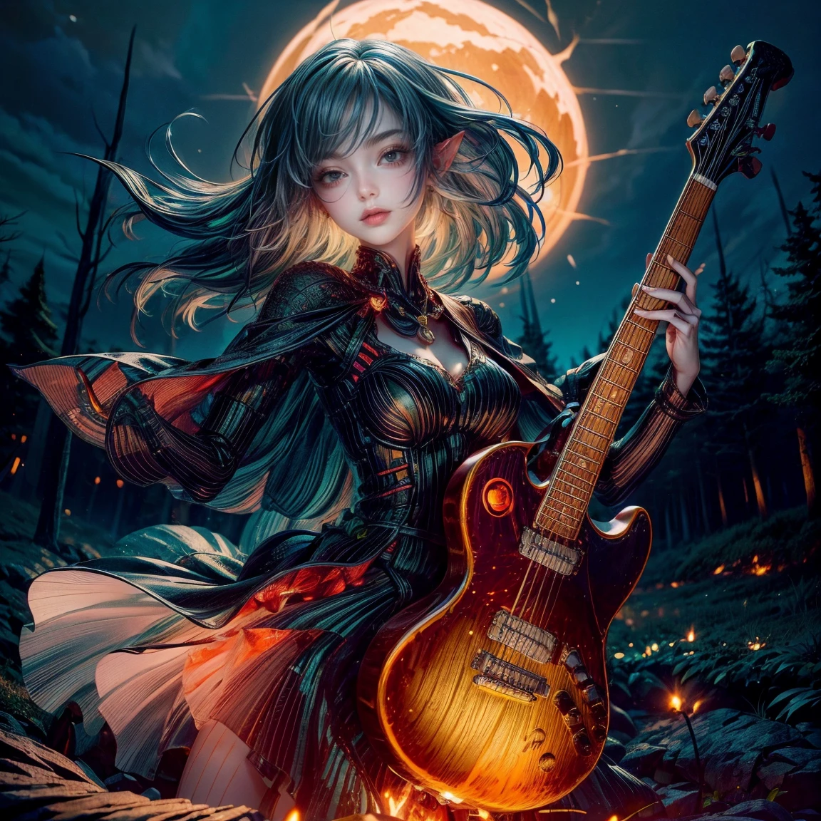 A beautiful 24-year-old elf girl with slanted eyes, playing an electric guitar. She has a cute face and is dressed in a stylish, cool dress. The scene is set in a dark forest at night, with a clear view of the night sky. A campfire burns nearby, casting a warm glow around.