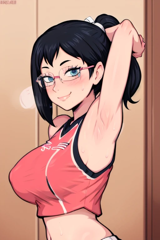 masterpiece, best quality, shimizu kiyoko, looking at viewer, black hair, blue eyes color, very large breasts, upper body, portrait, looking at viewer, seductive smile, armpits, armpits visible, sweaty armpits, wearing pink cheerleader uniform, wearing glasses, ponytail hair