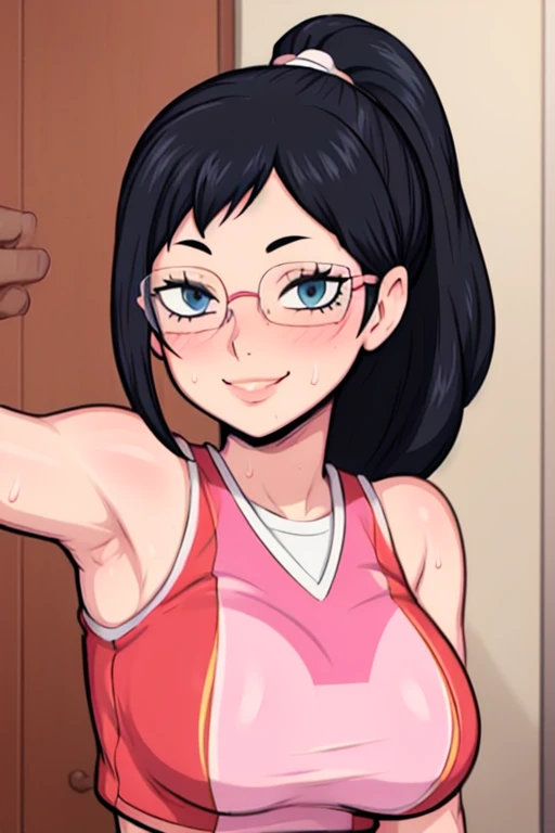 masterpiece, best quality, shimizu kiyoko, looking at viewer, black hair, blue eyes color, very large breasts, upper body, portrait, looking at viewer, seductive smile, armpits, armpits visible, sweaty armpits, wearing pink cheerleader uniform, wearing glasses, ponytail hair