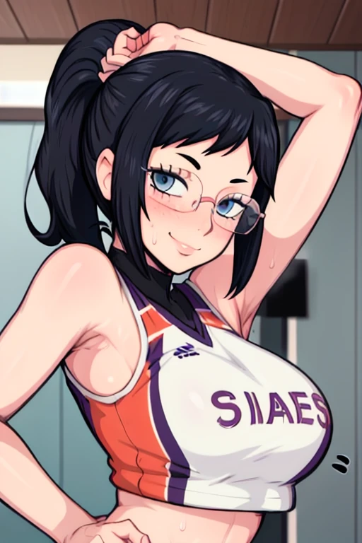 masterpiece, best quality, shimizu kiyoko, looking at viewer, black hair, blue eyes color, very large breasts, upper body, portrait, looking at viewer, seductive smile, armpits, armpits visible, sweaty armpits, wearing pink cheerleader uniform, wearing glasses, ponytail hair