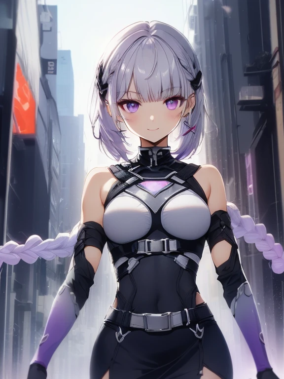 (highest quality:1.2, Very detailed, animeスタイル:1.4, anime, High Contrast, masterpiece:1.2, highest quality, Best aesthetics), Two Girls, Two girls back to back, Random Pause, (Girl on the right, short hair, White top, Black breastplate,smile), (The Girl on the Left, Cyber Suit, The sleeves are separated, Exposing shoulders, Black Top, Silver Breastplate, Chest energy disk, Black mini skirt, Belt connecting left and right sleeves, 黒に紫色のアクセントが入ったCyber Suit, ((White and purple gradient hair:1.4, Braided long hair, black and white hair accessories:1.2, Dark purple bangs:1.1, Asymmetrical bangs)), Purple eyes, double eyelid, Detailed face, Loose braid, Indifference, kind), Dark Color Palette, Dark Alley, night, Near future city, Lens flare, Perfect Anatomy.