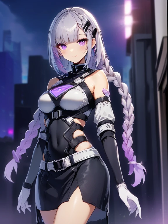 (highest quality:1.2, Very detailed, animeスタイル:1.4, anime, High Contrast, masterpiece:1.2, highest quality, Best aesthetics), Two Girls, Two girls back to back, Random Pause, (Girl on the right, short hair, White top, Black breastplate,smile), (The Girl on the Left, Cyber Suit, The sleeves are separated, Exposing shoulders, Black Top, Silver Breastplate, Chest energy disk, Black mini skirt, Belt connecting left and right sleeves, 黒に紫色のアクセントが入ったCyber Suit, ((White and purple gradient hair:1.4, Braided long hair, black and white hair accessories:1.2, Dark purple bangs:1.1, Asymmetrical bangs)), Purple eyes, double eyelid, Detailed face, Loose braid, Indifference, kind), Dark Color Palette, Dark Alley, night, Near future city, Lens flare, Perfect Anatomy.