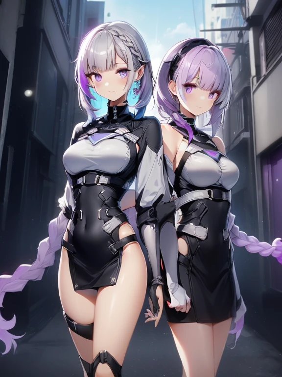(highest quality:1.2, Very detailed, animeスタイル:1.4, anime, High Contrast, masterpiece:1.2, highest quality, Best aesthetics), Two Girls, Two girls back to back, Random Pause, (Girl on the right, short hair, White top, Black breastplate,smile), (The Girl on the Left, Cyber Suit, The sleeves are separated, Exposing shoulders, Black Top, Silver Breastplate, Chest energy disk, Black mini skirt, Belt connecting left and right sleeves, 黒に紫色のアクセントが入ったCyber Suit, ((White and purple gradient hair:1.4, Braided long hair, black and white hair accessories:1.2, Dark purple bangs:1.1, Asymmetrical bangs)), Purple eyes, double eyelid, Detailed face, Loose braid, Indifference, kind), Dark Color Palette, Dark Alley, night, Near future city, Lens flare, Perfect Anatomy.