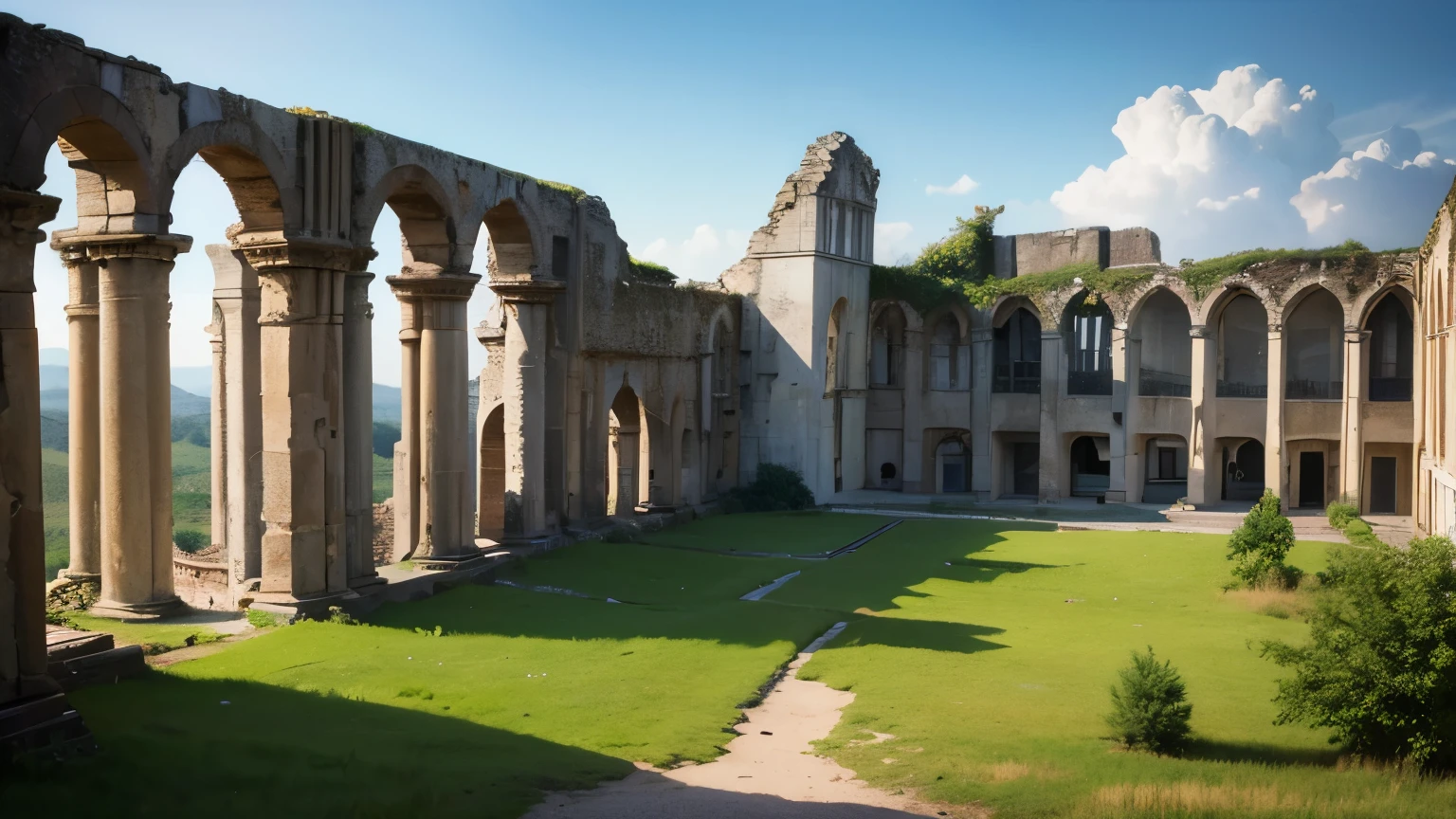 a landscape where we see the ruins of a medieval city