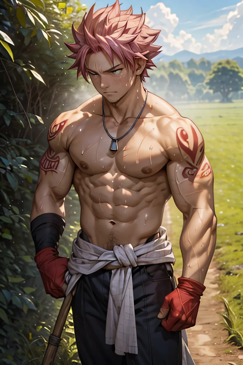 Top view of muscular handsome Natsu Dragneel naked shirtless muscular fit body sweating in the field tilling farmland with a hoe wearing white gloves and black pants wiping off his sweat. The bright sun is causing him to sweat profusely making his muscular body glisten. He has fiery pink hair and a silver necklace. He has a straw hat on his head. The sky is blue with clouds and the environment is of a field where Natsu Dragneel is tilling the land, he is working hard looking tired. Side view of body, fit muscular body. He is wearing a fabric which is wrapped around his waist. His shoulder has a red tattoo of fire.  