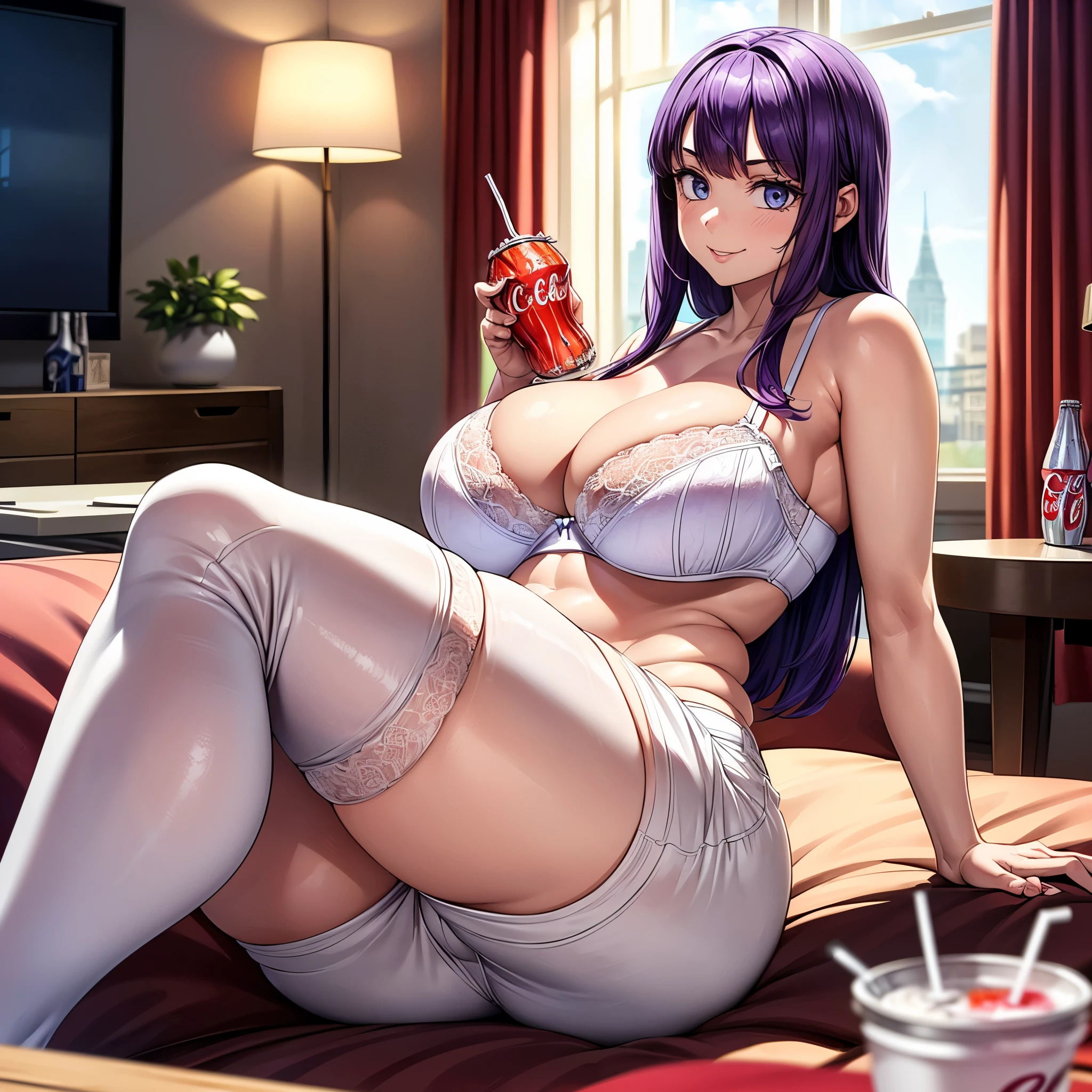 ((1girl)), (Solo: 1.3) ((Masterpiece)), (perfect anatomy), perfect shading, soft lighting, (best quality), 8k, extremely delicate and beautiful, perfect lighting, front lighting, detailed face, ultra cute face, cute, ((long purple hair)), seductive smile, ((white bra)), ((white shorts), thigh highs, big breasts, thick thighs, sitting, ((drinking coke)), living room