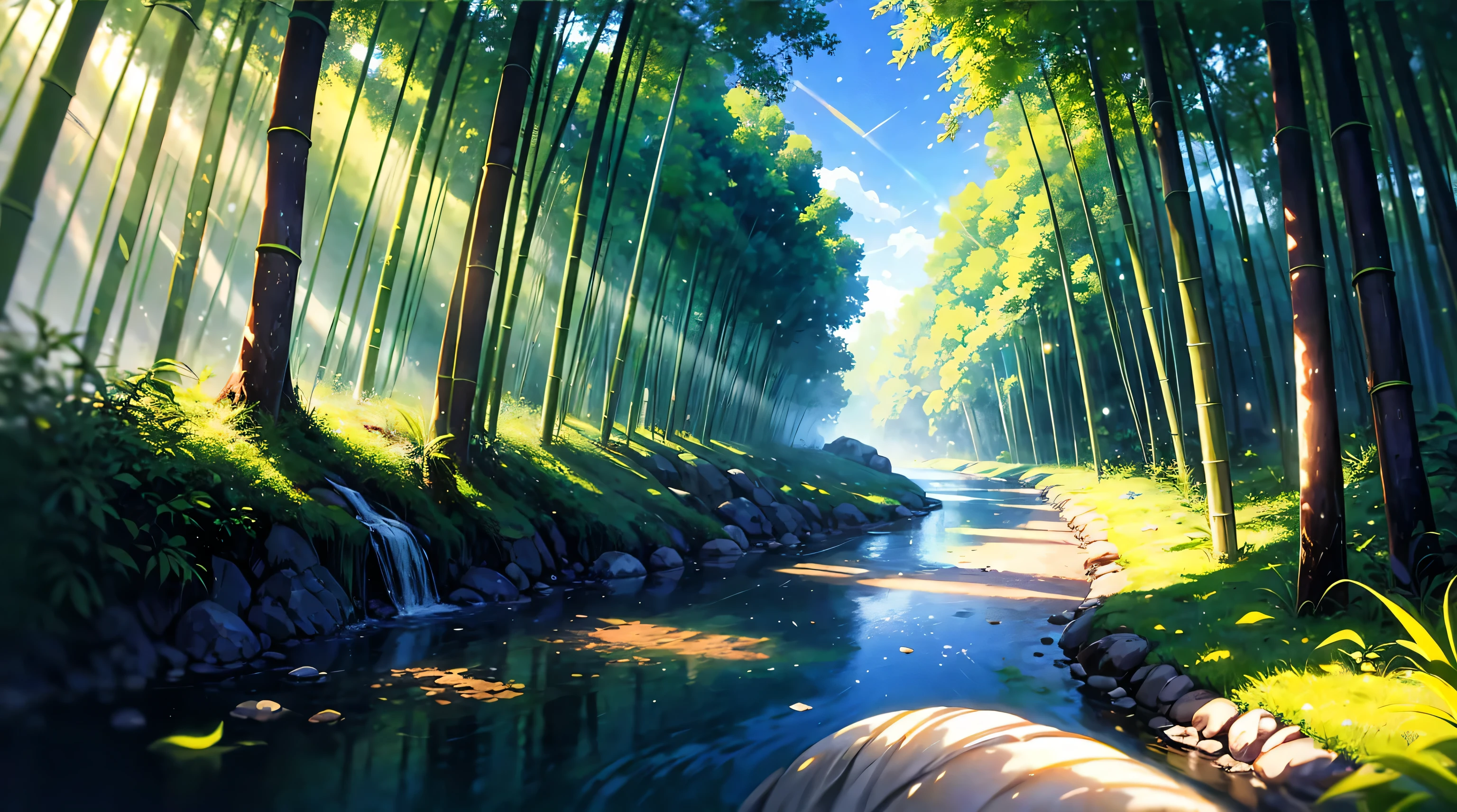 a stream running through a lush green forest, a detailed matte painting, by sylvain sarrailh, studio ghibli sunlight, sunlight reflected on the river, anime screenshot pattern, kemono, loading screen, stepping stones, without text, ( ( sunbeams ) ), official art, white sparkles sunlight beams, art », header, very clean art, pathways, bamboo