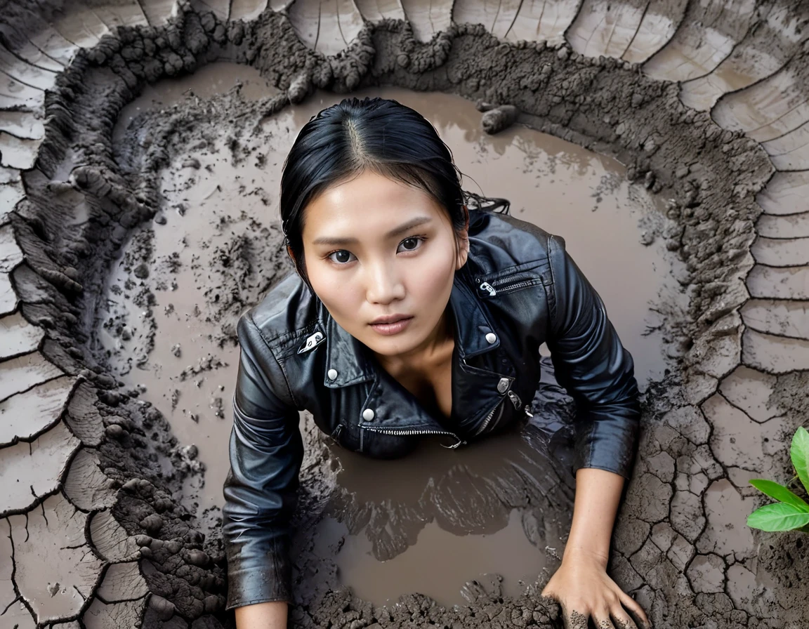 woman swallowed by the deep mud hole. from above view, vegetation, faded leather biker jacket, asian, morning sky