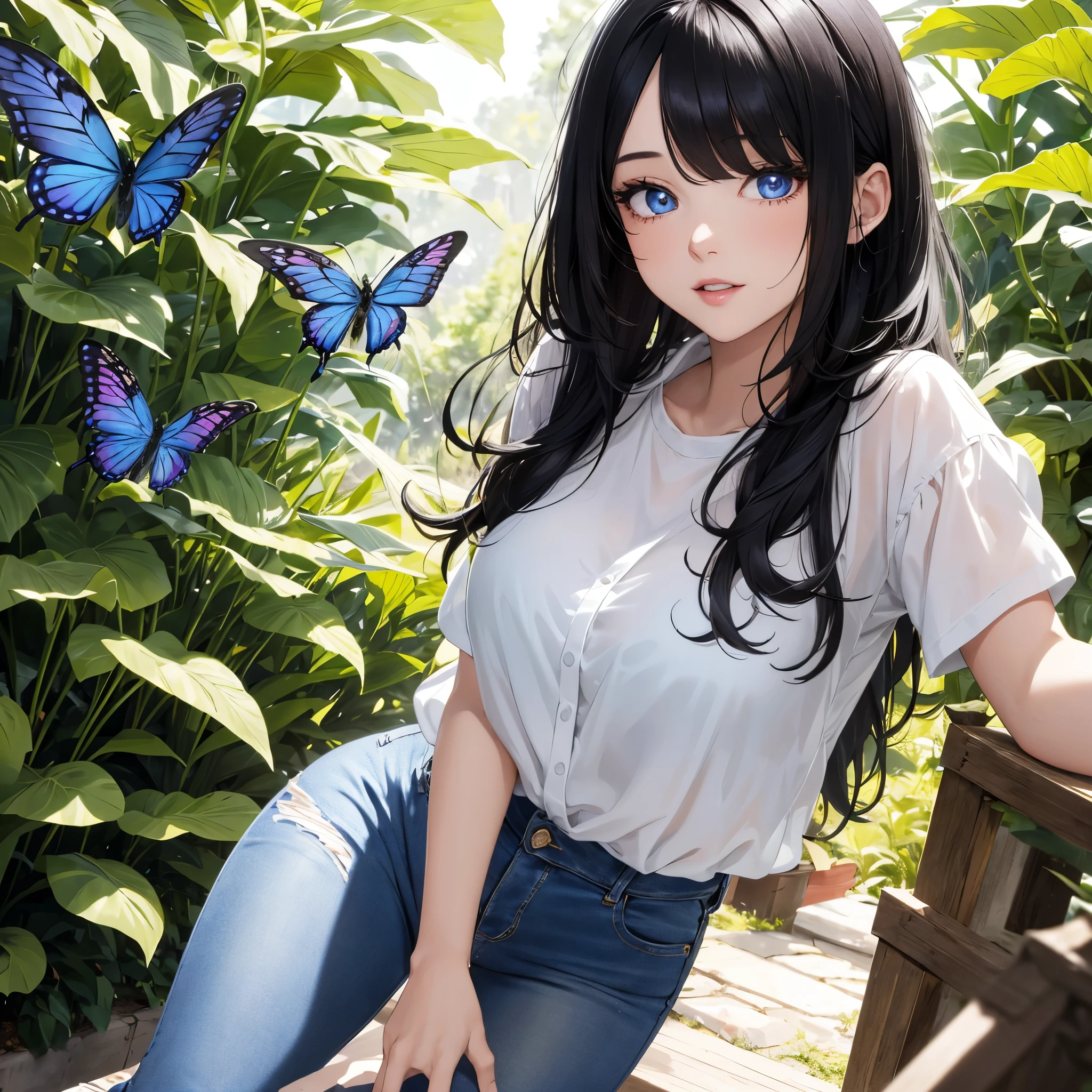 absurderes, ultra-detailliert,bright colour,(in 8K:1.3),masuter piece,extremely beautiful detailed face and eyes, 25 years old,(Smooth straight black hair), (Shiny long hair),(Pattsun bangs), (Deep blue eyes) Delicate beautiful face, red blush, (wearing denim pants and white shirt) Natural Nice Spot, fantasy, butterflies flying around, sunlight touching her body.