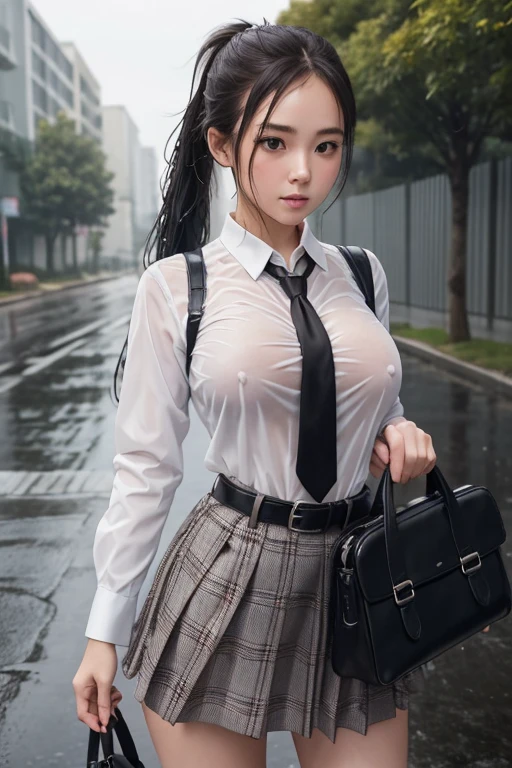 Nude pictures of young girls with big breasts holding a school bag Wear a white shirt. wet, nipples visible Plaid necktie Wear a plaid petal skirt. Wear a black leather belt with a silver buckle. Tie your hair into a ponytail and tie it with a white bow. Standing in the rain is so sexy.