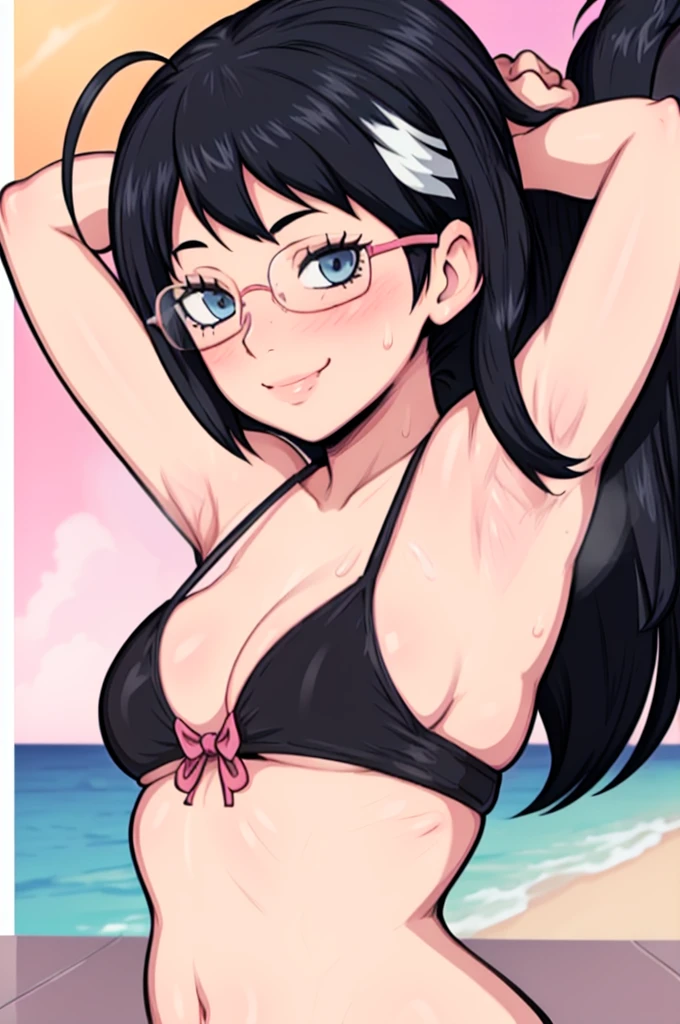 masterpiece, best quality, shimizu kiyoko, looking at viewer, black hair, blue eyes color, very large breasts, upper body, portrait, looking at viewer, seductive smile, armpits, armpits visible, sweaty armpits, pink bikini, wearing glasses, ponytail hair, ocean backround