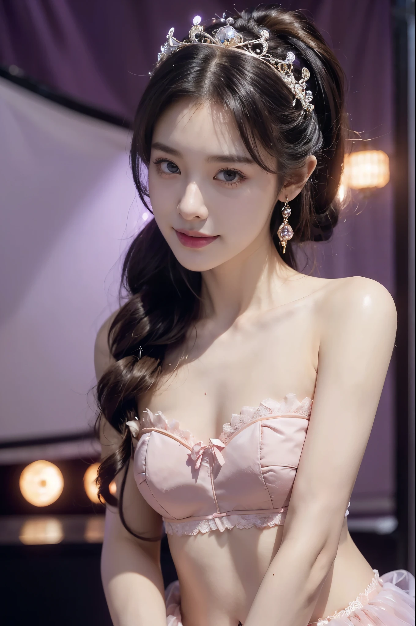 (Extremely meticulous CG),(((8k))),wallpaper,(Portrait above the chest:1.3),((Extremely refined and beautiful)),(((Masterpiece))),(((best qualtiy))),(((Ultra High Resolution))),beautiful light up,realistic shaded,(Smooth and flawless fair skin:1.5),(Extremely exquisite facial details:1.2),(ultra-detailed:1.5),((a beautiful girl,solo)),(Japanese teenage idol:1.3),(princess crown:1.3),(short ponytail:1.2),(bangs:1.3),(small head:1.2),(slender face:1.2),(Exquisite makeup:1.3),(smiling:1.2),(laughing:1.2),(blush:1.5),(perfect body:1.1),(collar:1.2),(bare legs:1.3),(strapless dazzling purple Lolita bra:1.5),((slim,thin)),(small breasts:1.2),(flat chests:1.2),(from front:1.3),(standing:1.3),(In the gorgeous theater:1.3),(on the stage:1.5),(lively atmosphere:1.3),(indoor:1.3),(colorful neon lights:1.3),(Cyberpunk style:1.3),(detailed background:1.5),(night scene:1.5),(close-up of face:1.3),
