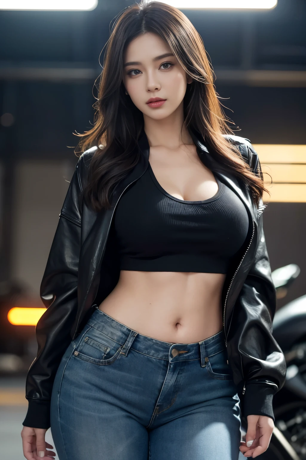 ((Beautiful american woman:1.2) (gigantic boobs) deep (High quality) HD, super detail, high details, high quality, award winning, best quality, highres, 1080P, HD, 16k, big boobs, round boobs, hanging boobs, (tan skin:1.2) (slim abs) (cute face) (loose long hair:1.2) (Cheetah Print Leather Jacket, Make a bold statement with a cheetah print leather jacket, High-Waisted Skinny Jeans, A classic choice to balance the boldness of the jacket, Graphic Tee, Choose a tee with a cool graphic for an edgy vibe,)