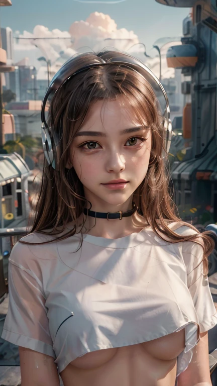 masterpiece, highest quality, Very detailed, 8k, RAW Photos, Realistic, One Girl, alone, Rim Light, Very detailed face, (Contrasting:1.1), Shoot from the front, (head shot:1.6), Upper Body,Accentuate your breasts, smile, Amazingly cute young Russian girl, Droopy eyes, pale pink plump lips, Light brown straight medium hair、With bangs, Light brown thin eyebrows, Oily skin, Wet Skin, Put on some high-tech headphones, Mid-chest, Cyberpunk city residential area, thunderclouds in the sky, Midsummer
