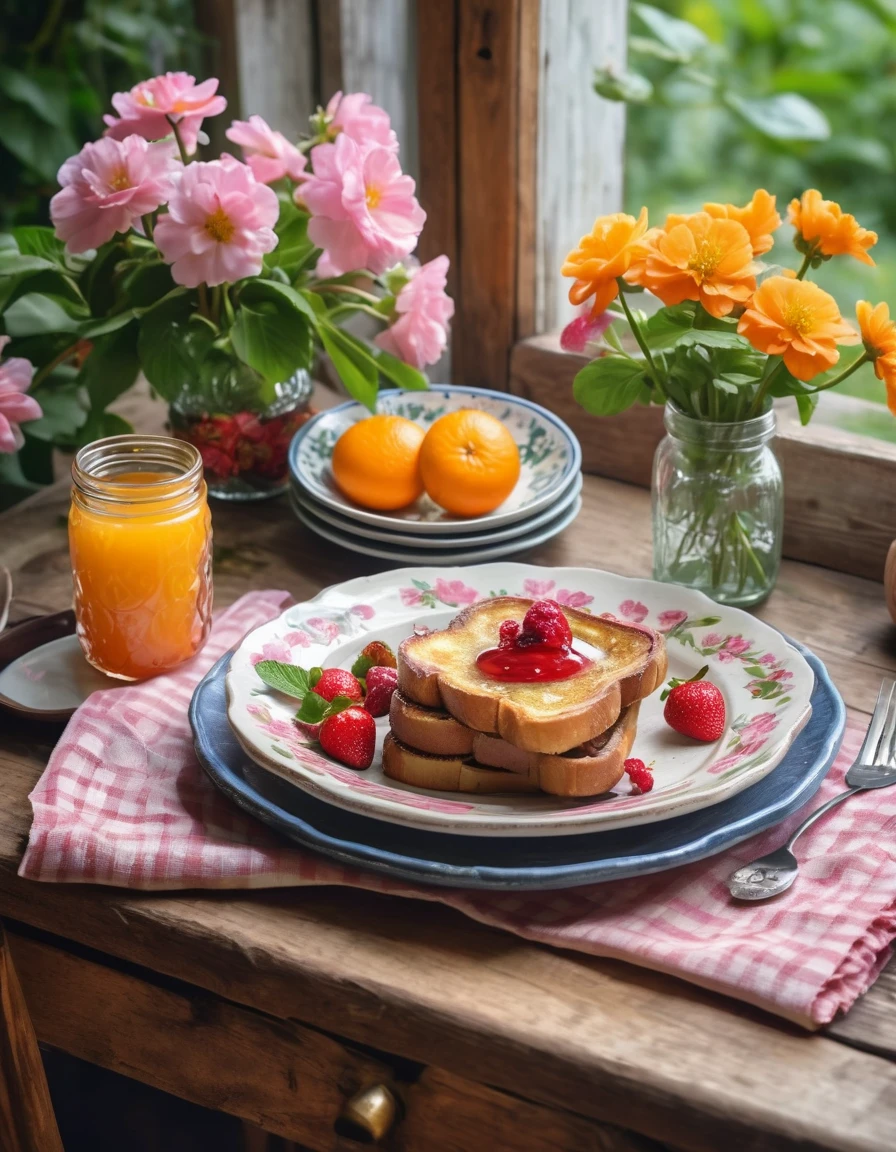 a cozy breakfast for one person in a blooming garden, where the rustic wooden table is set with a plate of french toast ,jar of jam , ,bowl of strawberry , natural flowered table napkin fork and knife .Describe the experience of sipping hot coffee from a charming cup and savoring the taste of freshly squeezed orange juice.vase with pink flowers ,soft-focused background with vintage kitchenware, natural light, ultra clear, highly detailed,