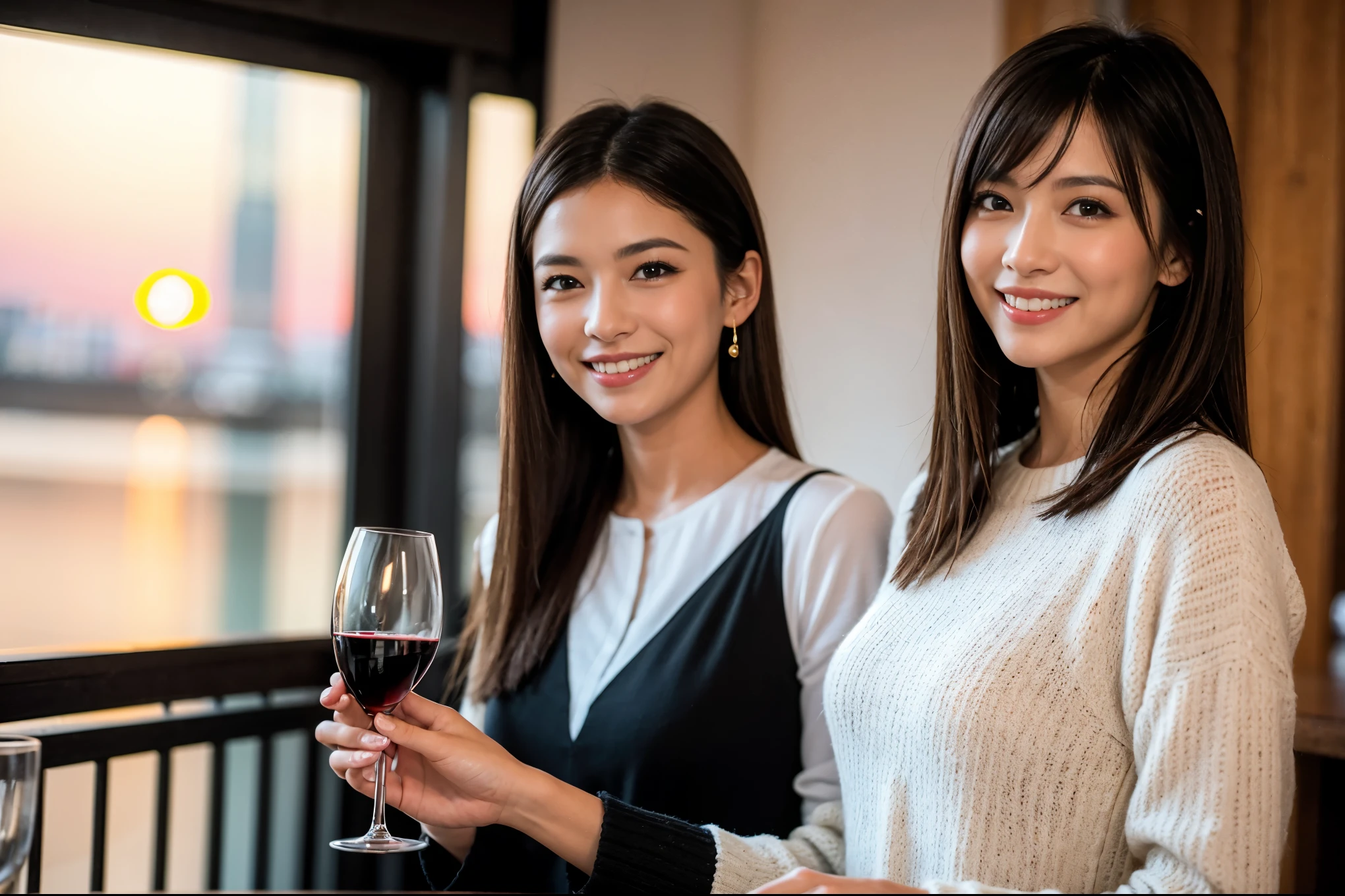 ((highest quality、8k、masterpiece:1.3))、One male lover、1 female、石原さとみ似Couple、model、Spouse、Couple、The body is slim、((Bob Hale、Straight hair:1.2)), (Realistic, Intricate details:1.2), テーブルの上のwine glass、Shine light on your face、 Amazing view of the sunset sky and clouds、Amazing mountain views、A bright smile、The wonderfulness of smile、Bright image、The beauty of wine, Beautiful Face, blue eyes, The light shines on your face, Blushing, short hair,Bright Face、 (Age 37), 39 years old, red wine 、Appetizers、Italian food、Wine bottle、Champagne、sparkling wine、Two beauties、Brown Hair、Shortcuts、Long sleeve shirt、dress、Pretty Woman 1, (slimな顔), (The body is slim), (Brown Hair), (Shortcuts), cheeks turn a little red,Attractive beauty、restaurant, In a prominent place (From the waist up) Nova Frog Style, actress, model, Upper Body, White wine, slim, wine glass, 中央に置かれたwine glass, smile, (smile: 1.15), Beautiful fine grain, Depth f/2,saturation, High Contrast, Strong light and shadow,Moist Body:1.5、3D texture、Delicate eyes、Brown Hair、The hair is very shiny、
