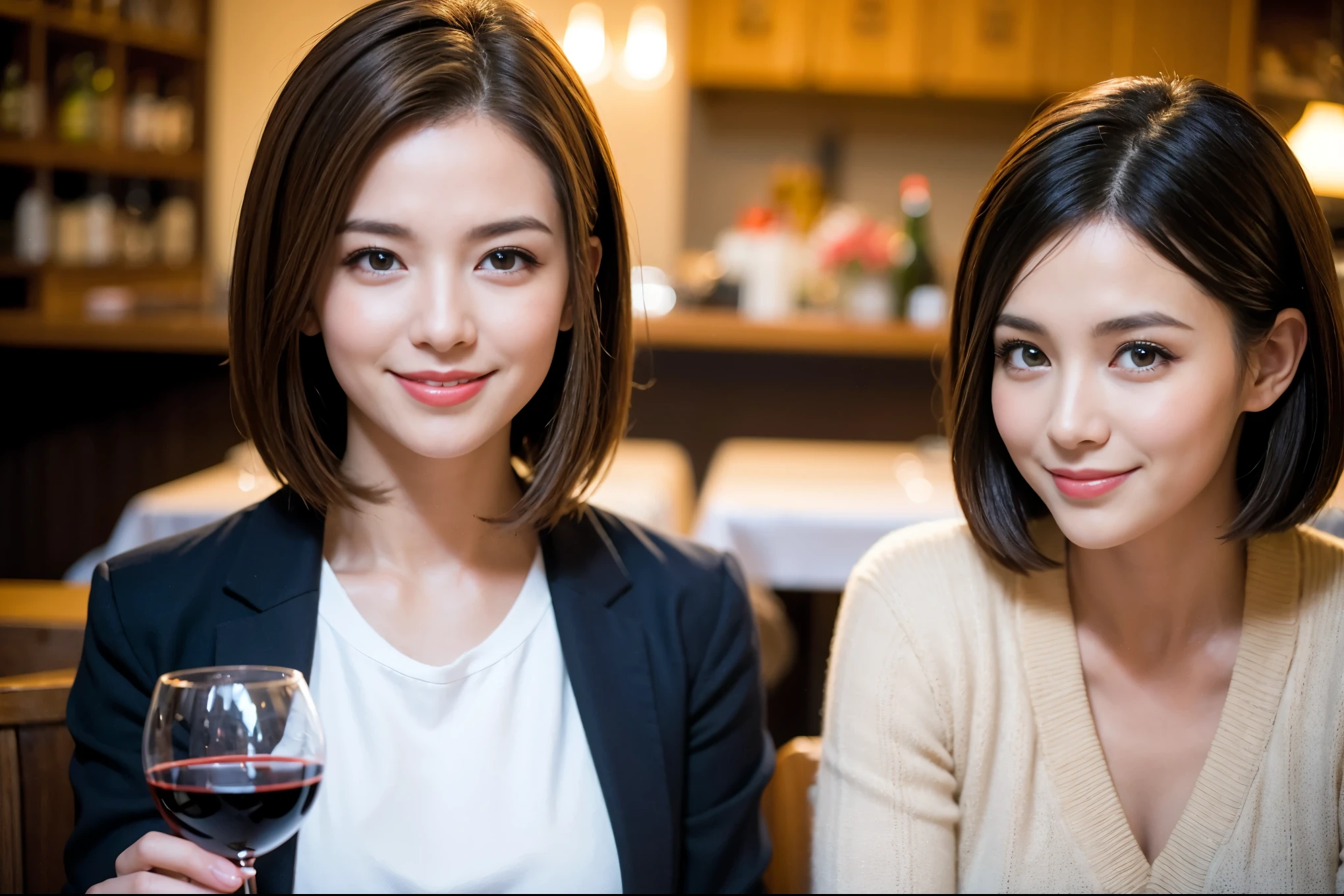 ((highest quality、8k、masterpiece:1.3))、One male lover、1 female、石原さとみ似Couple、model、Spouse、Couple、The body is slim、((Bob Hale、Straight hair:1.2)), (Realistic, Intricate details:1.2), テーブルの上のwine glass、Shine light on your face、 Amazing view of the sunset sky and clouds、Amazing mountain views、A bright smile、The wonderfulness of smile、Bright image、The beauty of wine, Beautiful Face, blue eyes, The light shines on your face, Blushing, short hair,Bright Face、 (Age 37), 39 years old, red wine 、Appetizers、Italian food、Wine bottle、Champagne、sparkling wine、Two beauties、Brown Hair、Shortcuts、Long sleeve shirt、dress、Pretty Woman 1, (slimな顔), (The body is slim), (Brown Hair), (Shortcuts), cheeks turn a little red,Attractive beauty、restaurant, In a prominent place (From the waist up) Nova Frog Style, actress, model, Upper Body, White wine, slim, wine glass, 中央に置かれたwine glass, smile, (smile: 1.15), Beautiful fine grain, Depth f/2,saturation, High Contrast, Strong light and shadow,Moist Body:1.5、3D texture、Delicate eyes、Brown Hair、The hair is very shiny、