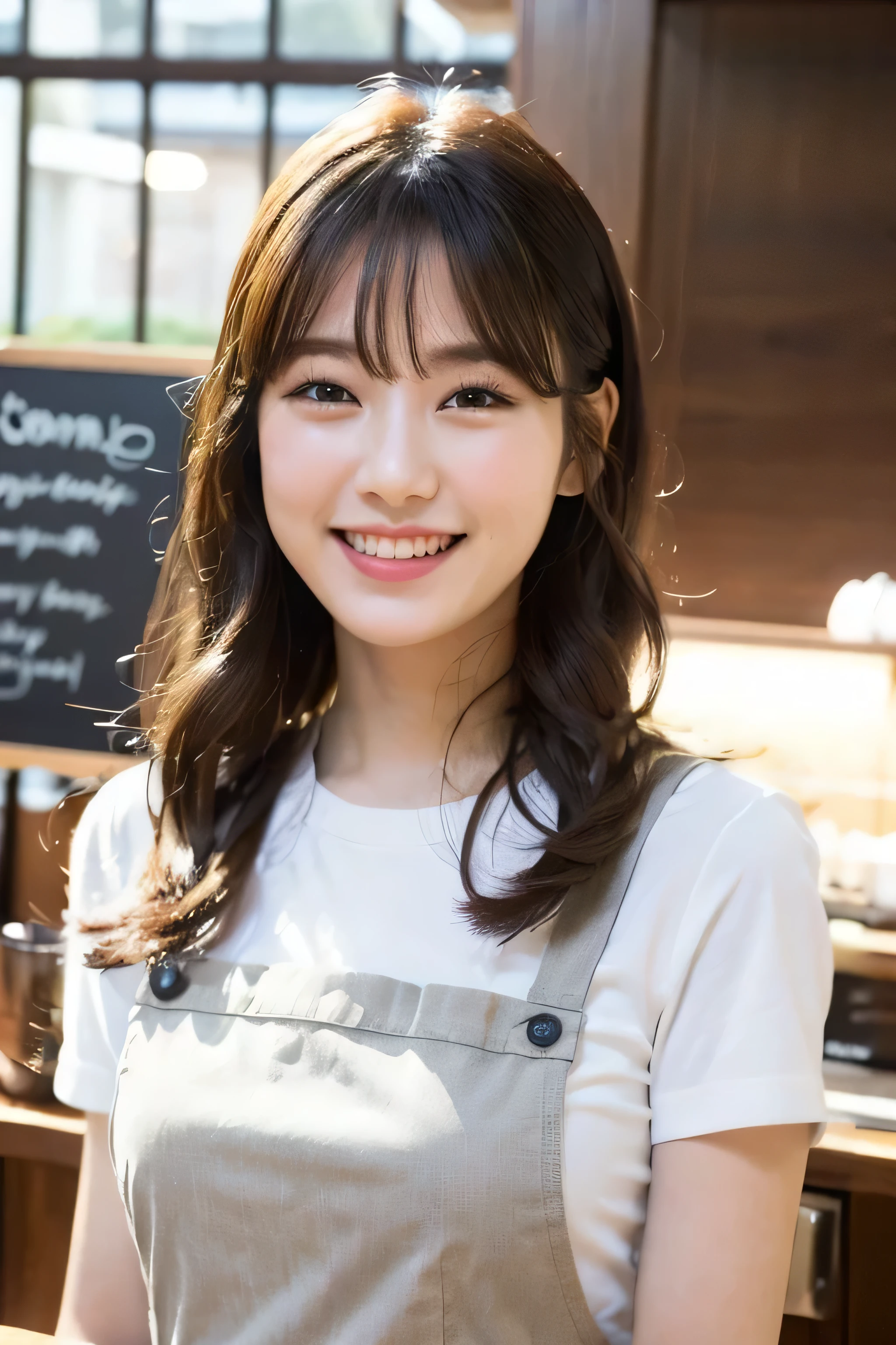 ((masterpiece,Highest quality 1.4)), (8k,RAW Photos:1.2), (Realistic,photo Realistic:1.4), Ultra-high resolution , (Highly detailed 8k wallpaper) ,Japanese Idols, Japanese actress, Japanese, very cute, Big eyes, highly detailed eyes and face, Beautiful eyes in every detail,shiny skin ,upper body,(medium hair and straight hair :1.3), (smile:1,3、Professional Lighting, Sharp focus, Written boundary depth , (Dynamic Angle:1.4 ). Blur the background, Bokeh, (Pastry Chef Uniforms) 、Cake shop