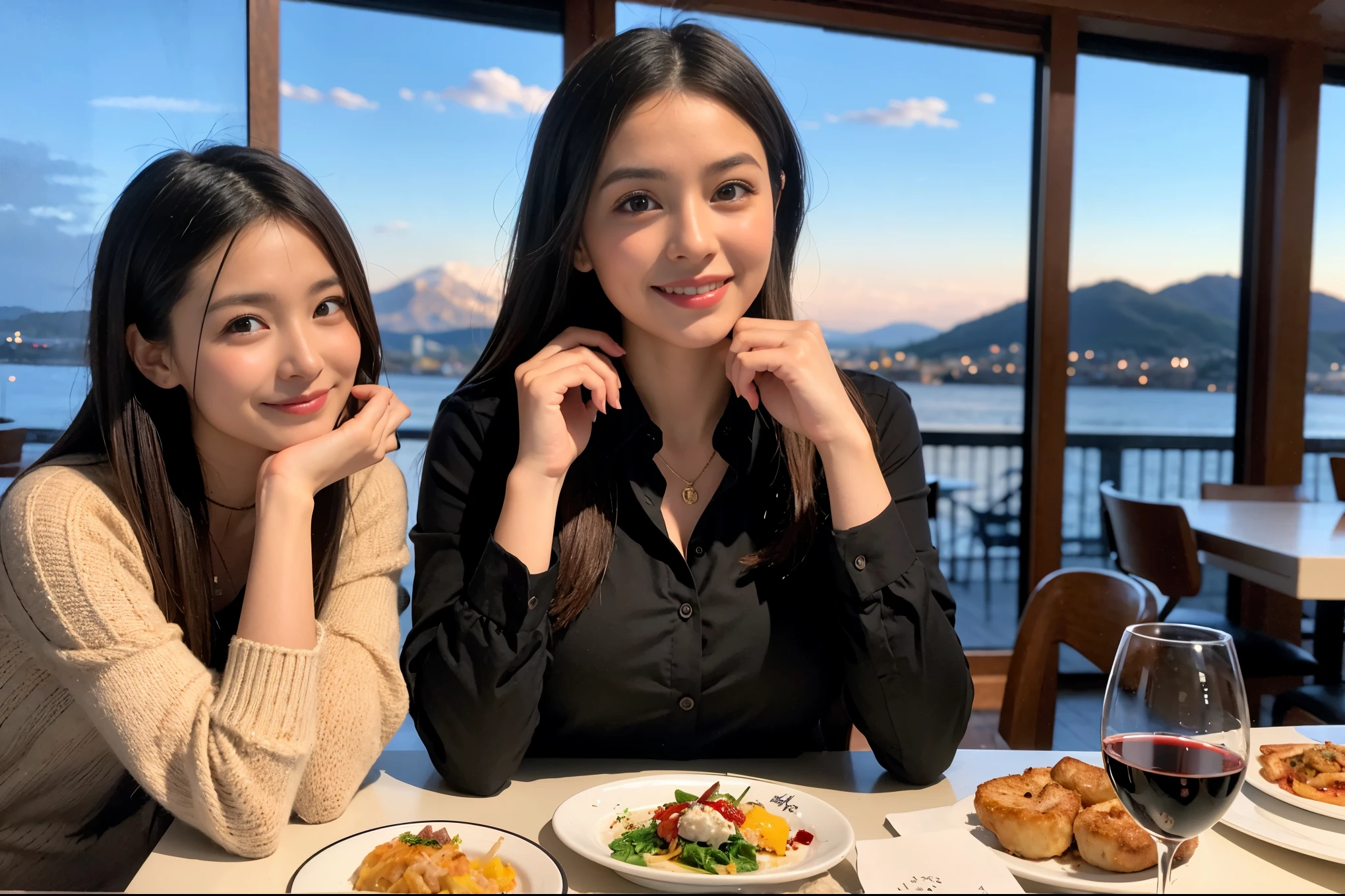 ((Highest quality、、masterpiece:1.3))、1 male、1 female、spouse、Beautiful couple、smile、 (Slim face), (the body is スリム), (Brown Hair), (Shortcuts), ((Bob Hale、Straight hair:1.2)), テーブルの上のwine glass、Please shine a light on my face、 Amazing view of the sunset sky and clouds、Amazing mountain views、smileの美しさ、Bright image、Blushing, Shortcuts,Bright Face、 age), 39 age, red wine 、Appetizers、Italian food、Wine bottle、Champagne、sparkling wine、Long sleeve shirt、dress、Attractive beauty、restaurant, Nova Frog Style, actress, model, Upper Body, White wine, red wine, wine glass, 