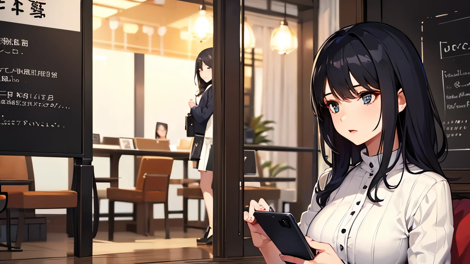 (Woman looking at smartphone)、One woman、Inside a stylish cafe、Anxious look、Woman holding a smartphone