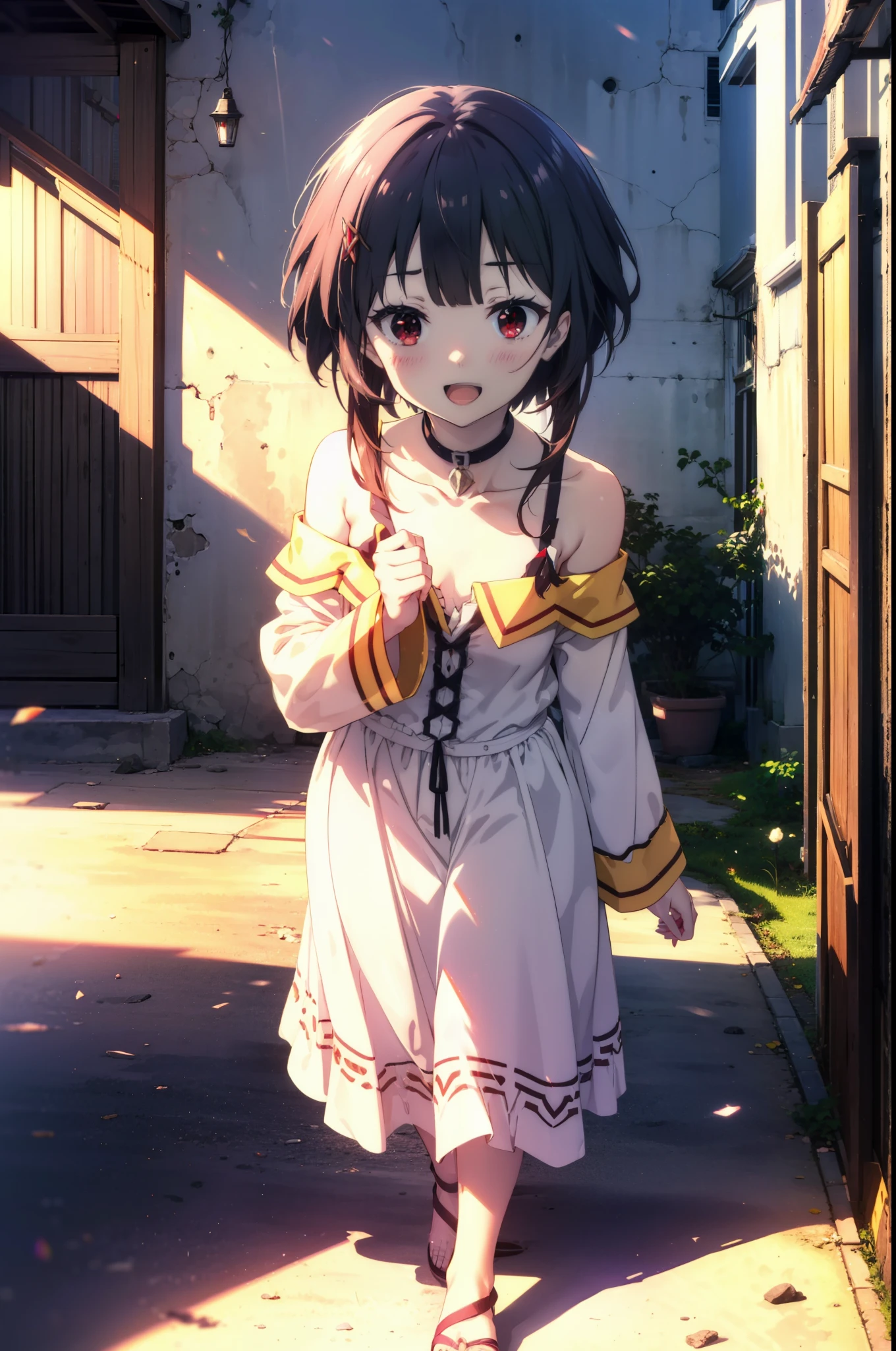 konosubaMegumin, Megumin, short hair, Black Hair, (Red eyes:1.3), short hair with long locks,happy smile, smile, Open your mouth,
Off-the-shoulder white dress,No sleeve,White long skirt,Cute Sandals,Bare arms,bare clavicle,Bare shoulders,Bare neck,Walking,whole bodyがイラストに入るように,evening,Sunset,The sun is setting,
break outdoor, Coastal street with buildings,
break looking at viewer, whole body,
break (masterpiece:1.2), highest quality, High resolution, unity 8k wallpaper, (figure:0.8), (Beautiful fine details:1.6), Highly detailed face, Perfect lighting, Highly detailed CG, (Perfect hands, Perfect Anatomy),