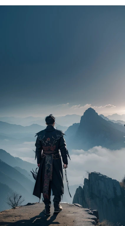 cold scenery, dark, die, Solitary, Fantasy style，Tsing Yi man, Clothes with dragon patterns，A knife hanging from the waist，rock, dry, Deya Tree,Mountain, Mountain谷, FOG, spectrum,magic, scary, crow, Daunting,impose, Predominant, artistic