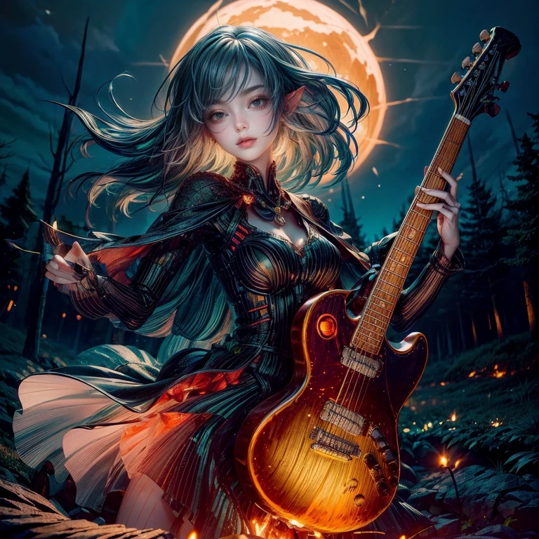 A beautiful 24-year-old elf girl with slanted eyes, playing an electric guitar. She has a cute face and is dressed in a stylish, cool dress. The scene is set in a dark forest at night, with a clear view of the night sky. A campfire burns nearby, casting a warm glow around. The character's anatomy is accurate.