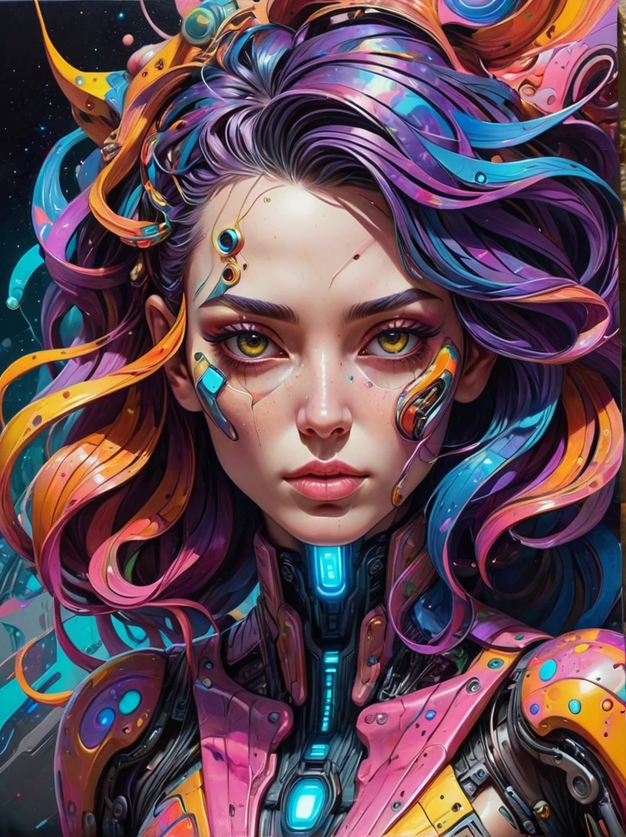 realistic, Psychedelic works full of gorgeous colors, It has rich texture, distortion，Attractive facial features，Crazy marbled paper cyberpunk woman&#39;s head，Neon Blue，Neon Orange，Floating mysterious stellar translucent vortex