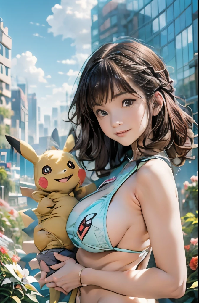 RRRHHH,,(huge Pikachu, Pokemon ,3d)(Forest, city, buildings, Garden, Flowers, blue sky, white clouds, buildings),