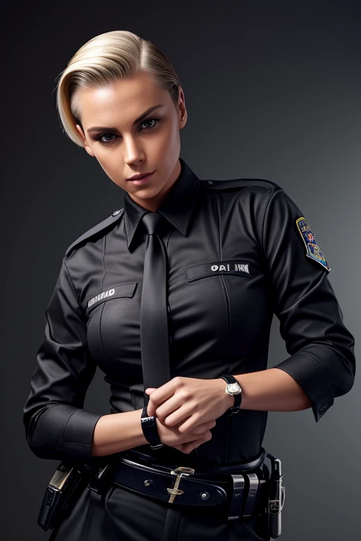 Gorgeous european woman with short hair, short ponytail, wet hair, hair slicked back, combed straight back, slick hair, blonde gradient hair, dressed as a police officer, badge, handcuffs, tonfa, belt, jewelry, cleavage, glamour, solid dark grey background
