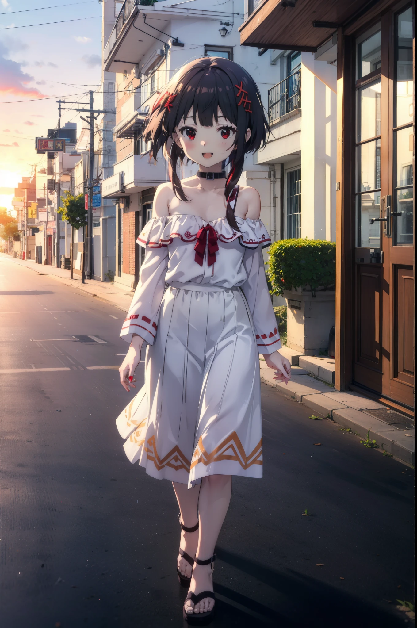 konosubaMegumin, Megumin, short hair, Black Hair, (Red eyes:1.3), short hair with long locks,happy smile, smile, Open your mouth,
Off-the-shoulder white dress,No sleeve,White long skirt,Cute Sandals,Bare arms,bare clavicle,Bare shoulders,Bare neck,Walking,whole bodyがイラストに入るように,evening,Sunset,The sun is setting,
break outdoor, Coastal street with buildings,
break looking at viewer, whole body,
break (masterpiece:1.2), highest quality, High resolution, unity 8k wallpaper, (figure:0.8), (Beautiful fine details:1.6), Highly detailed face, Perfect lighting, Highly detailed CG, (Perfect hands, Perfect Anatomy),