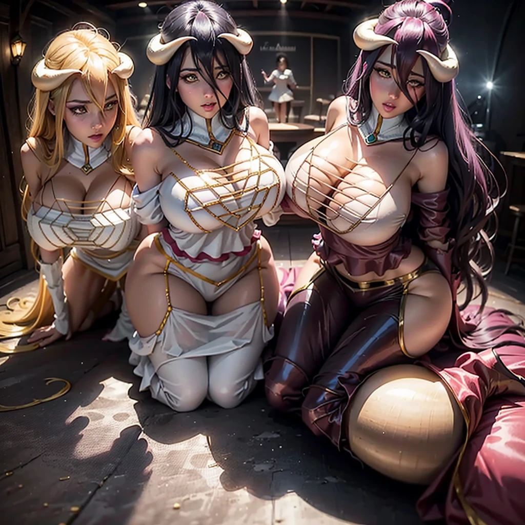 (fiche de conception de personnage, same character, Devant, side, de la), ((Extremely detailed illustration)), high resolution, des mains parfaites à cinq doigts, visage parfait . Deux filles de 25 ans,Soeurs jumelles, avec de gros seins et des mamelons qui pointent, vêtu d'une combinaison rose en latex (spandex) style hentaï ouverte aux parties intime, the scene shows her caressing her breasts, back bent facing the audience, angle de vue multiples, seductive and explicit, corps voluptueux et musclé, legs spread, plaisir intense écrit sur son visage, eyes rolled upwards. NSFW❤️💕💖💋