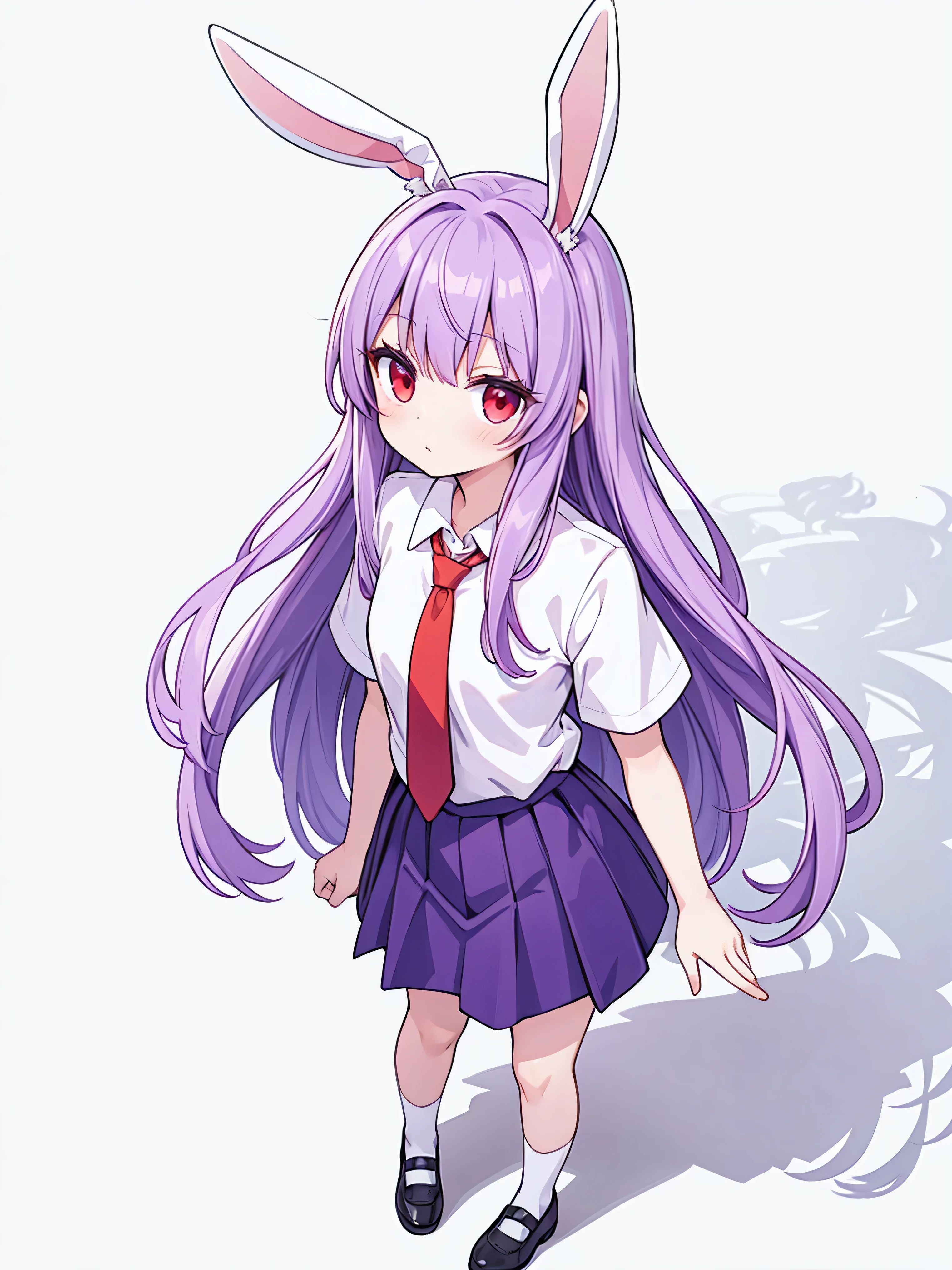 masterpiece, top quality, super detailed, CG illustration, high resolution, better lighting, best shadows, very delicate and beautiful, proper shading, hd, 8k,reisen udongein inaba, 1girl, solo, long hair, skirt, shirt, red eyes, white background, animal ears, standing, full body, white shirt, purple hair, short sleeves, necktie, shoes, socks, rabbit ears, red necktie, style parody, alphes (style)