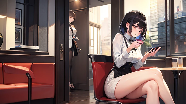 (Woman looking at smartphone)、One woman、Inside a stylish cafe、Anxious look、Woman holding a smartphone