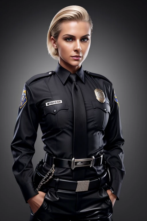 Gorgeous european woman with short hair, short ponytail, wet hair, hair slicked back, combed straight back, slick hair, blonde gradient hair, dressed as a police officer, badge, handcuffs, tonfa, belt, jewelry, cleavage, glamour, solid dark grey background