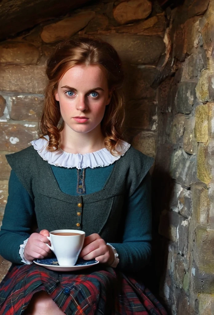 A picture of an enigmatic Scottish female figure in a bothy, sitting on a nook with a cup of hot tea, looking at viewer with a mysterious eyes, awkward encounter, photo realistic style, detailed face, perfect eyes
