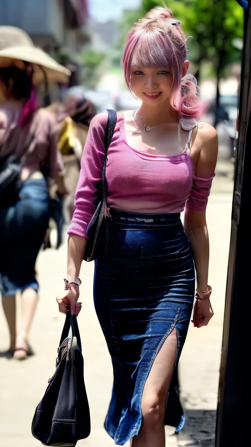 (Woman walking in the city:1.3、The background is a street corner:1.4)、(Realistic、Like a photograph、Live Action、8k, Realistic, RAW Photos, Best image quality: 1.4), Single-lens reflex camera、RAW Photos, highest quality, Realistic, Very detailed CG Unity 8k wallpaper, Written boundary depth, Cinematic Light, Lens flare, Ray Tracing, Realistic background、(Paisla:1.5、blouse:1.2、(mermaidskirt,Denim long skirt)、Small breasts:1.37、((Shoulder bag)))、((ultra high density skin))、 1 female,Cute Japanese Woman、Japanese office lady at work、((whole body:1.5),View the computer:1.1、smile、(Pink inner color hair、Short Ponytail)、I like that style、stylish、Very detailed、Pay attention to the details、Perfect outfit、(Sunburned skin)、Beautiful feet:1.1,Anatomically correct body、Accurate Fingers、Are standing、View from the front