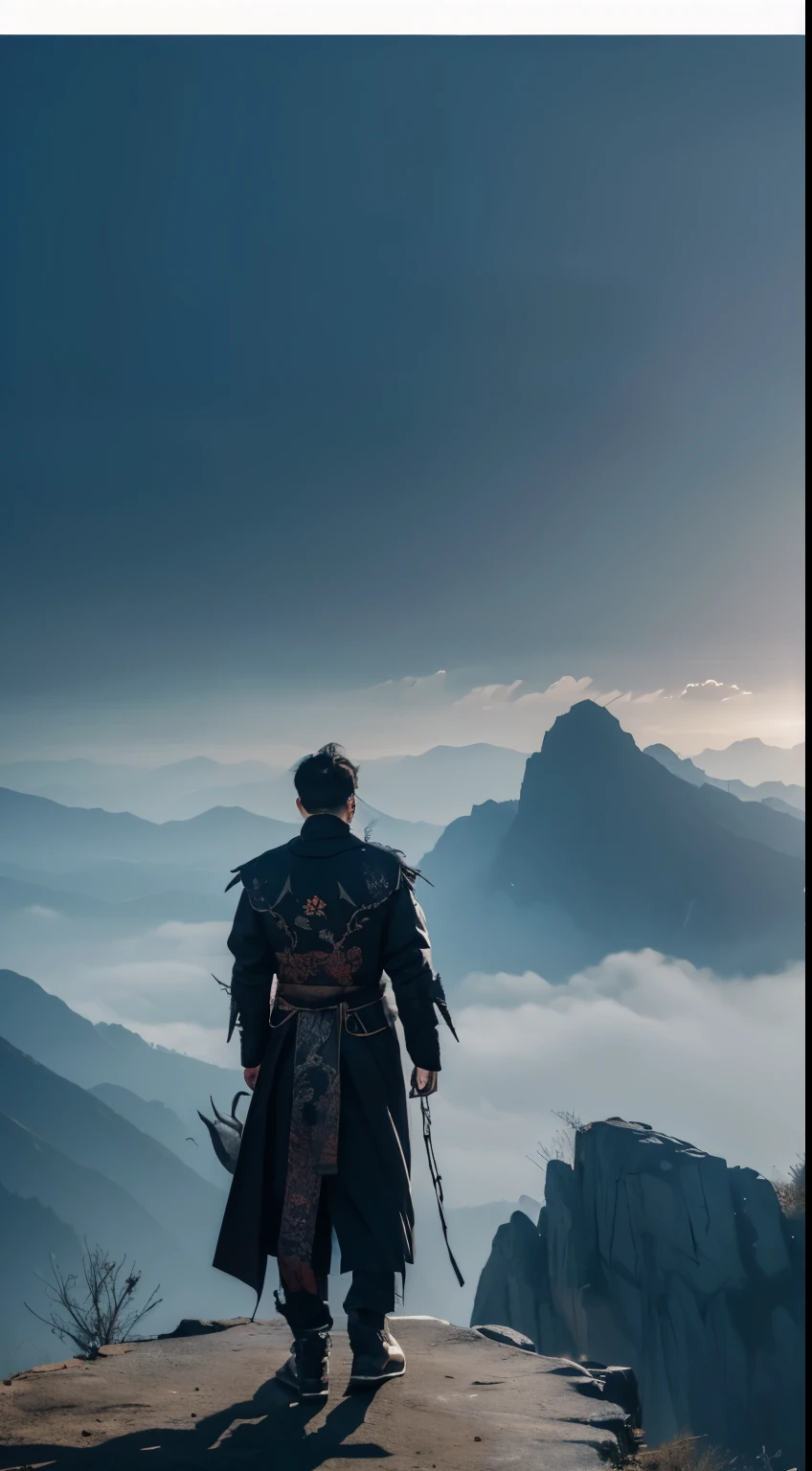 cold scenery, dark, die, Solitary, Fantasy style,Tsing Yi man, Clothes with dragon patterns,A knife hanging from the waist,rock, dry, Deya Tree,Mountain, Mountain谷, FOG, spectrum,magic, scary, crow, Daunting,impose, Predominant, artistic