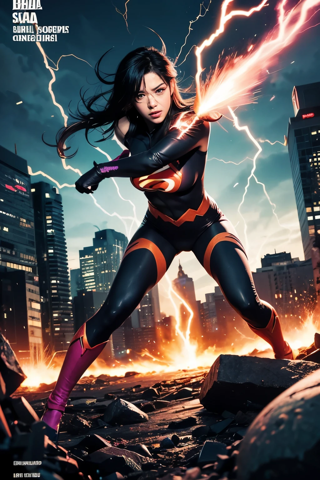 Sarada Uchiha,bodysuit, comic book cover style,comic book cover title,superhero land,city, action,fight,black eye,explosion,purple,Lightning,Orange,Red,pink