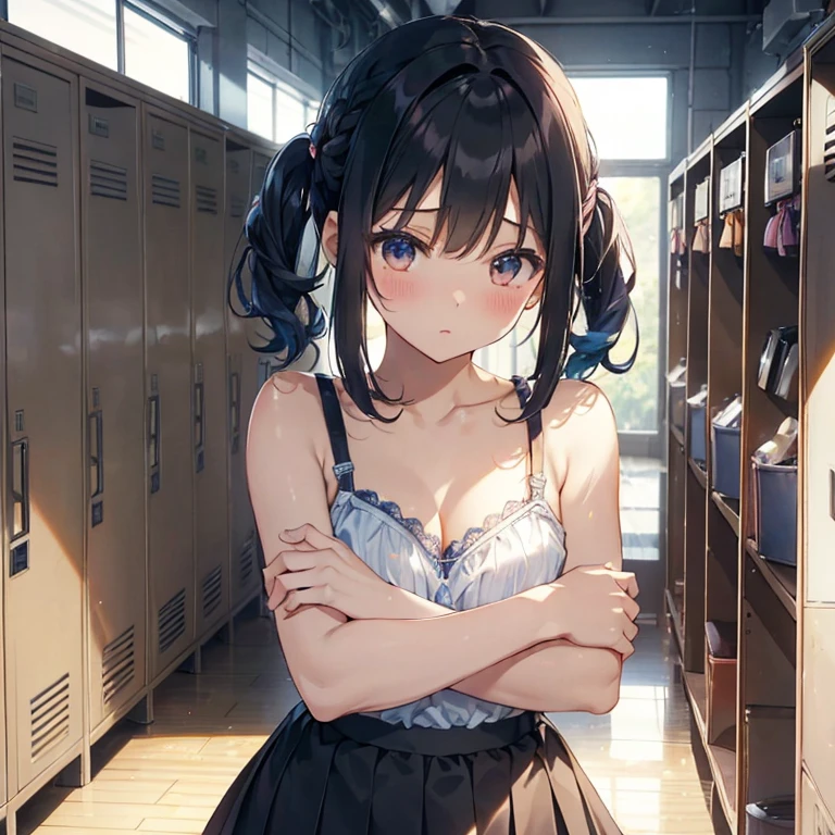(highest qualityのイラスト:1.2), (cute女の子:1.1), (One Girl, solo:1), (Two Girls、8-year-old、、、small、cute、cute、small胸、Ultra-detailed目:1.2)、(lily、kiss、Hug from behind、Grab、eyes half closed、eye contact:1.3)、(sweating、I was hugged、blush:1.1)、 break White Bra、ピンクgood、Blue Bra、Green Bra、Greybra、Light grey bra、 Striped bra、水玉模様がgood、goodチェック柄、cute、good、Kids Good、sporty、camisole、Cotton panties、School Skirt、Blake Black Hair、Blue Hair、Brown Hair、Very short hair、short hair、Mid-length hair、Hair length、Wavy Hair、Curly Hair、Pale pink braided hair、Hime cut、Bobcut、Twin tails、低いTwin tails、ponytail、ライトブルーのローponytail、break HA(locker room:1.2)、(evening、evening、Orange sunshine:1.2)、 break(highest quality、Ultra-detailed、Very detailed and beautiful、超A high resolution、Detailed Arm:1.2)、Browsing Caution　Beautiful Pool